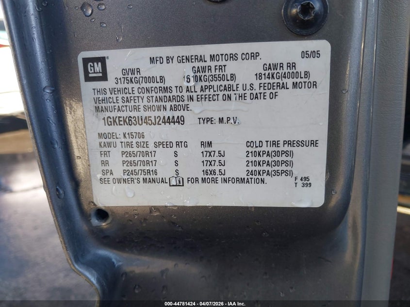 2005 GMC Yukon Denali VIN: 1GKEK63U45J244449 Lot: 44781424