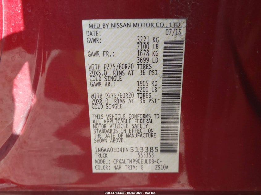 2015 Nissan Titan Sv VIN: 1N6AA0ED4FN513385 Lot: 44781436