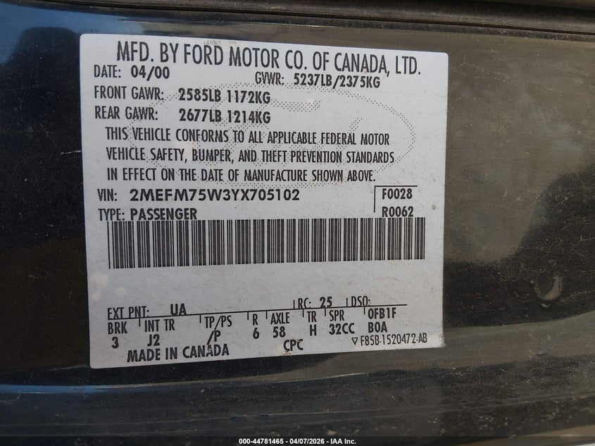2000 Mercury Grand Marquis Ls VIN: 2MEFM75W3YX705102 Lot: 44781465