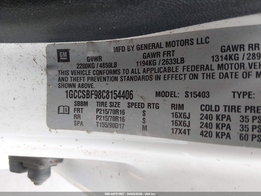 2012 Chevrolet Colorado 2.9 Work Truck white Lot 111044781507 Vin 1GCCSBF98C8154406