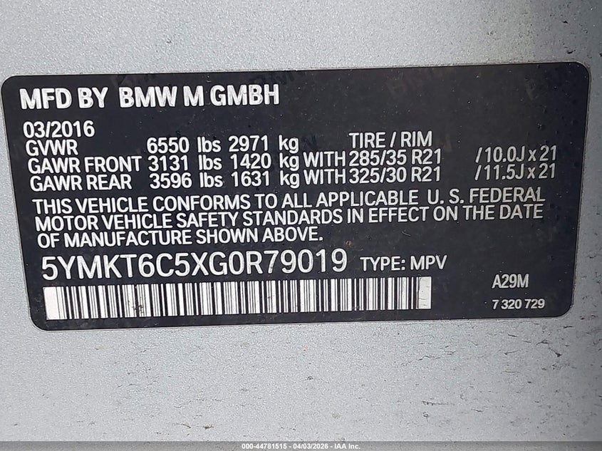 2016 BMW X5 M VIN: 5YMKT6C5XG0R79019 Lot: 44781515