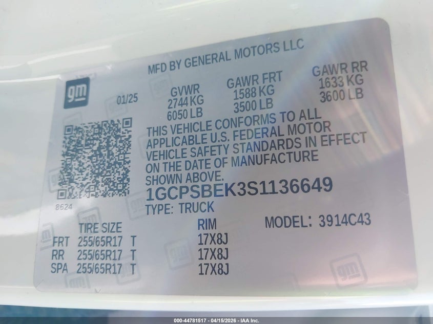 2025 Chevrolet Colorado 2Wd Wt VIN: 1GCPSBEK3S1136649 Lot: 44781517