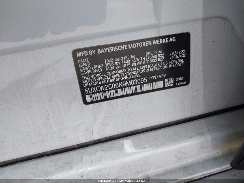 2022 BMW X7 xDrive40I VIN: 5UXCW2C06N9M03095 Lot: 44781570