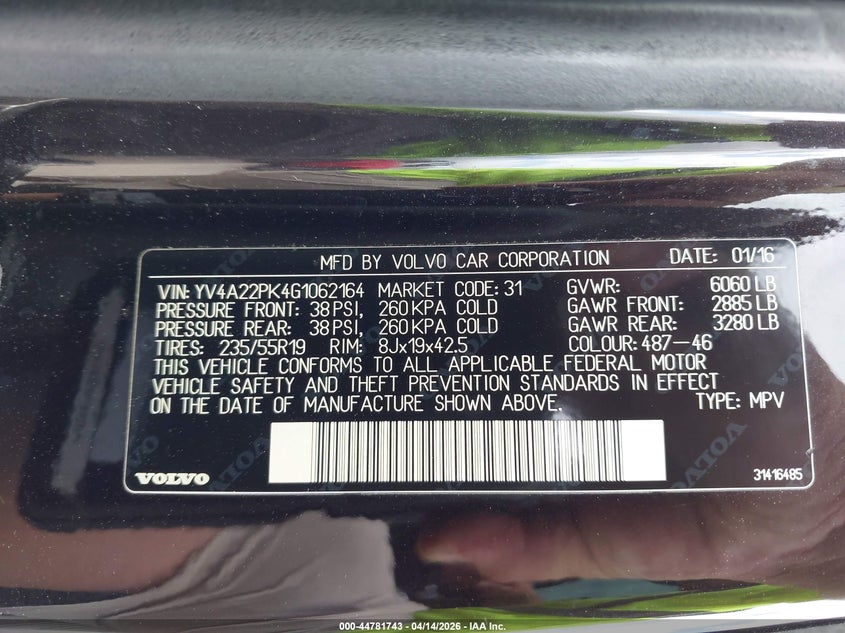 2016 Volvo Xc90 T6 Momentum VIN: YV4A22PK4G1062164 Lot: 44781743