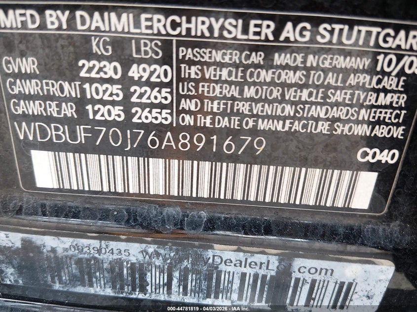 2006 Mercedes-Benz E 500 VIN: WDBUF70J76A891679 Lot: 44781819