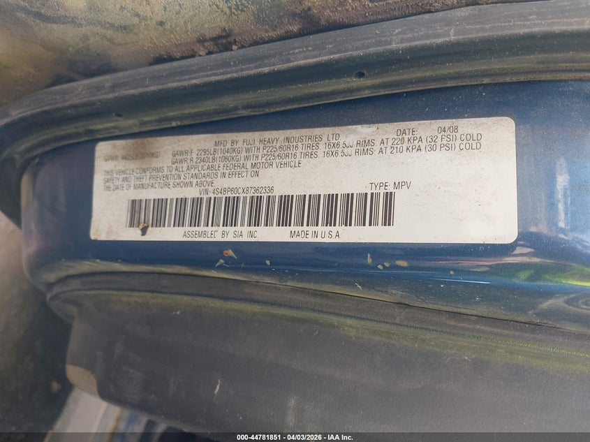 2008 Subaru Outback VIN: 4S4BP60CX87362336 Lot: 44781851