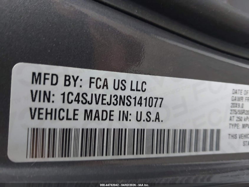 2022 Jeep Grand Wagoneer Series I 4X4 VIN: 1C4SJVEJ3NS141077 Lot: 44782042