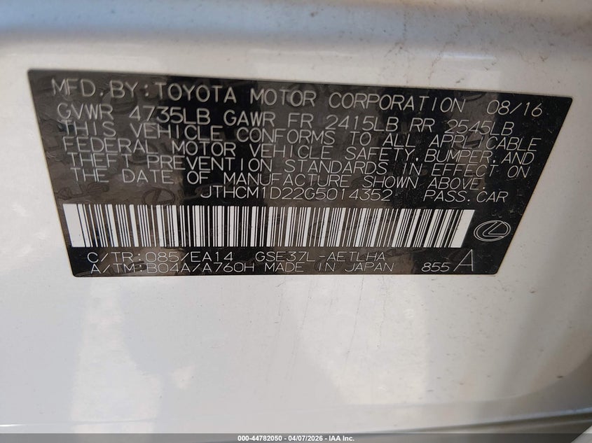 2016 Lexus Is 3.5 Is 300 white Lot 111044782050 Vin JTHCM1D22G5014352
