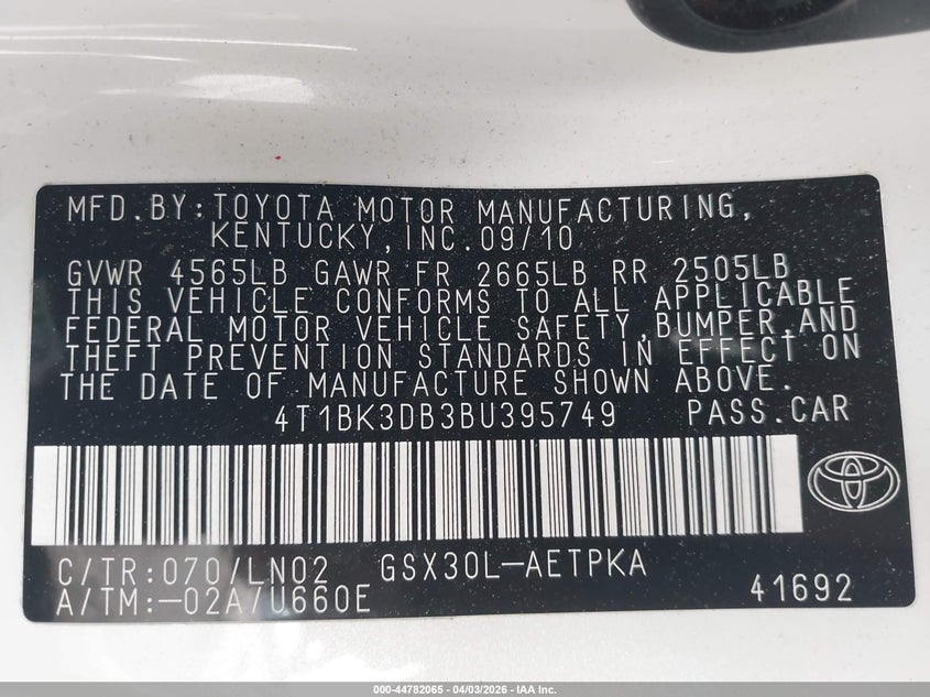 2011 Toyota Avalon Limited VIN: 4T1BK3DB3BU395749 Lot: 44782065