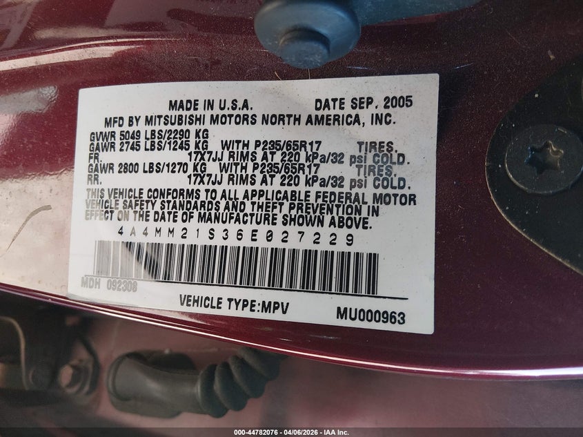 2006 Mitsubishi Endeavor Ls VIN: 4A4MM21S36E027229 Lot: 44782076