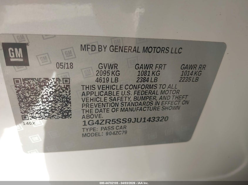 2018 Buick Lacrosse Premium VIN: 1G4ZR5SS9JU143320 Lot: 44782105