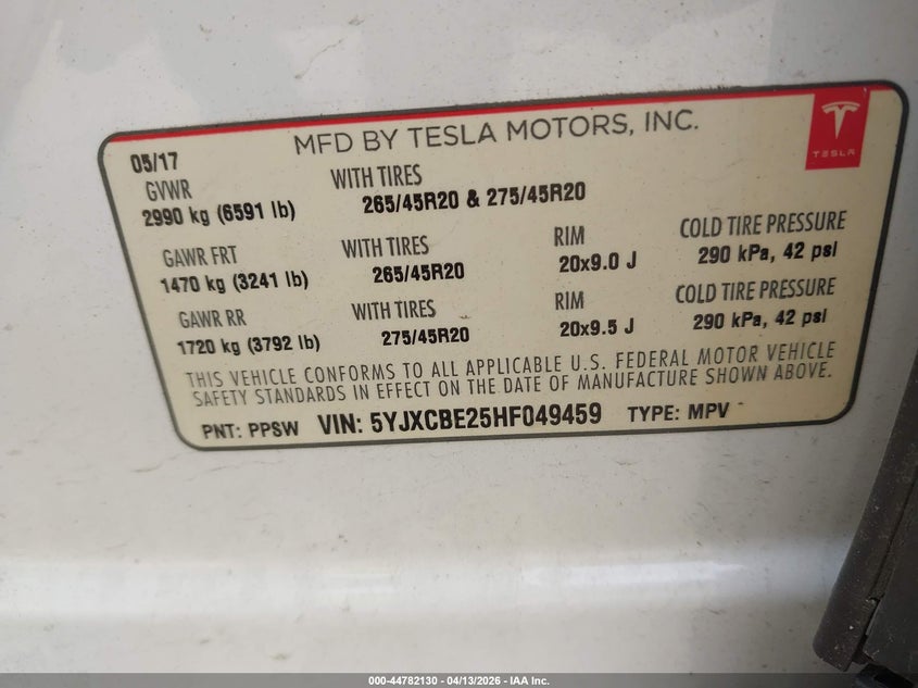 2017 Tesla Model X 100D/75D/90D VIN: 5YJXCBE25HF049459 Lot: 44782130