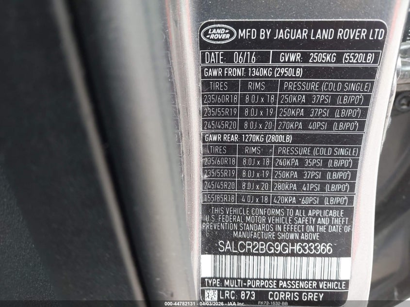 2016 Land Rover Discovery Sport Hse VIN: SALCR2BG9GH633366 Lot: 44782131