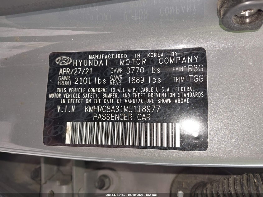 2021 Hyundai Venue Sel VIN: KMHRC8A31MU118977 Lot: 44782142