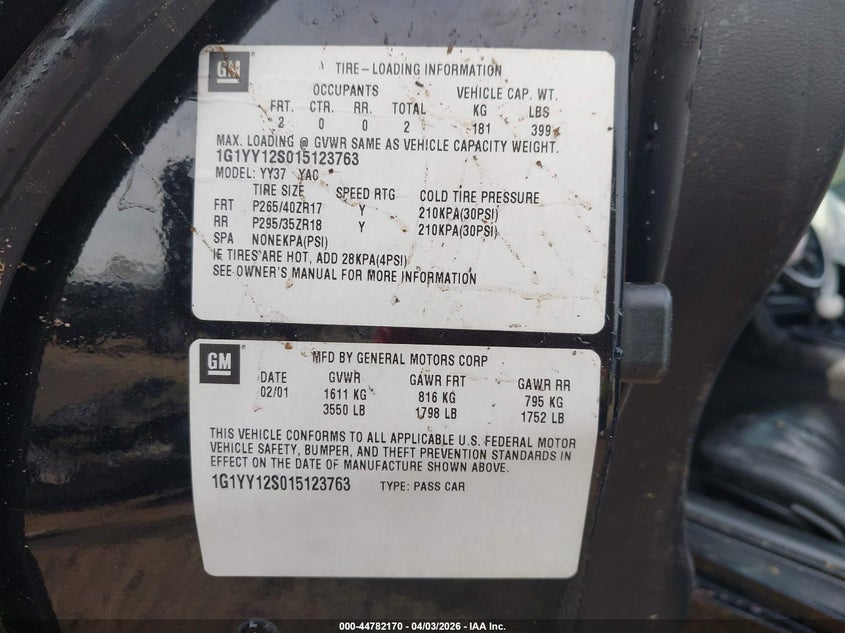 2001 Chevrolet Corvette Z06 Hardtop VIN: 1G1YY12S015123763 Lot: 44782170