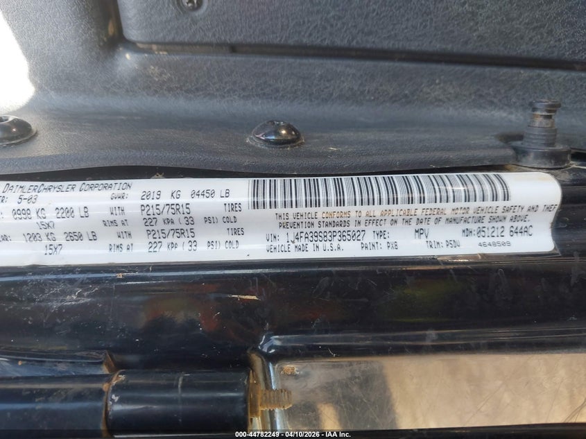 2003 Jeep Wrangler X VIN: 1J4FA39S83P365027 Lot: 44782249