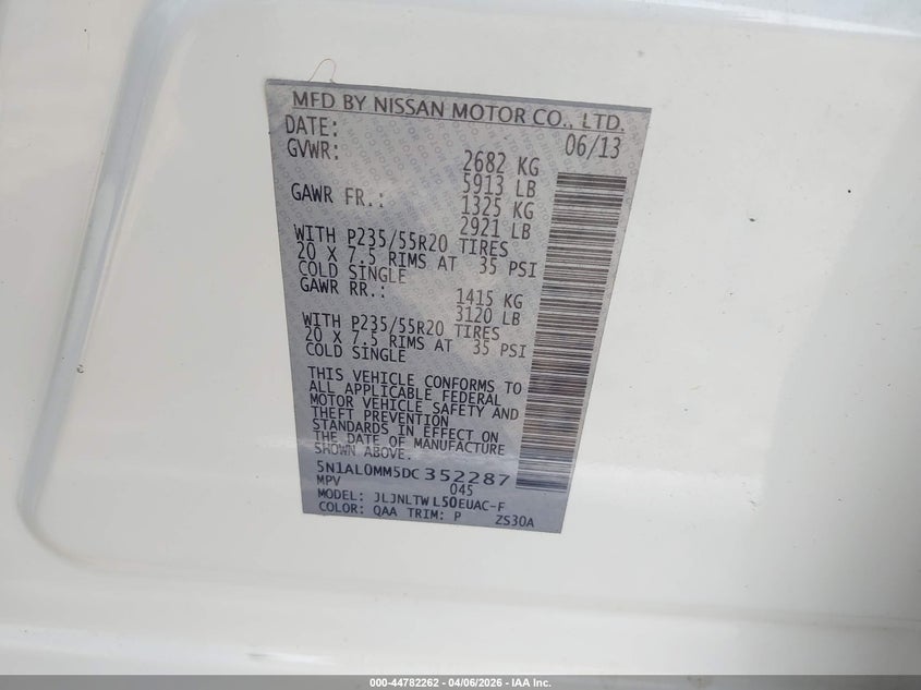 2013 Infiniti Jx35 VIN: 5N1AL0MM5DC352287 Lot: 44782262