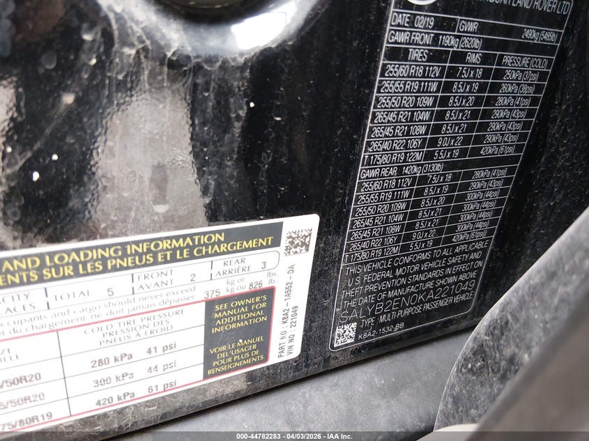 2019 Land Rover Range Rover Velar D180 S VIN: SALYB2EN0KA221049 Lot: 44782283