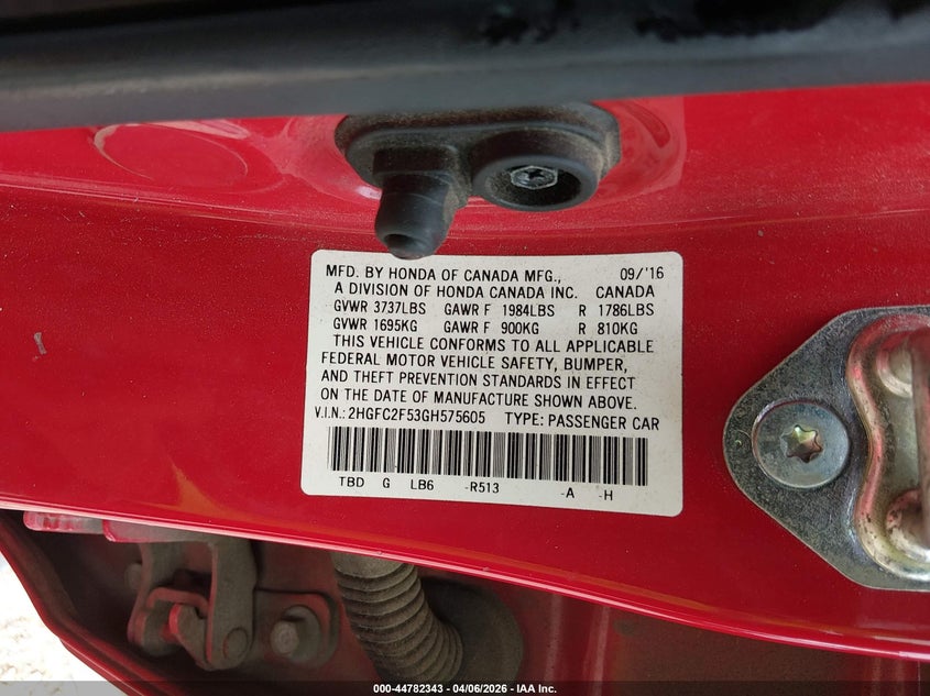HONDA CIVIC 2016 VIN 2HGFC2F53GH575605