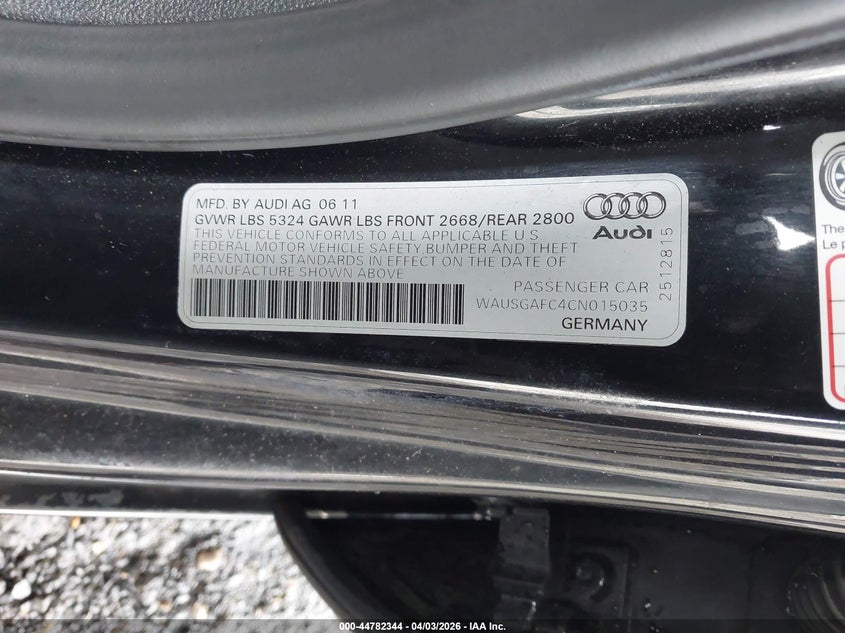 2012 Audi A7 Premium VIN: WAUSGAFC4CN015035 Lot: 44782344