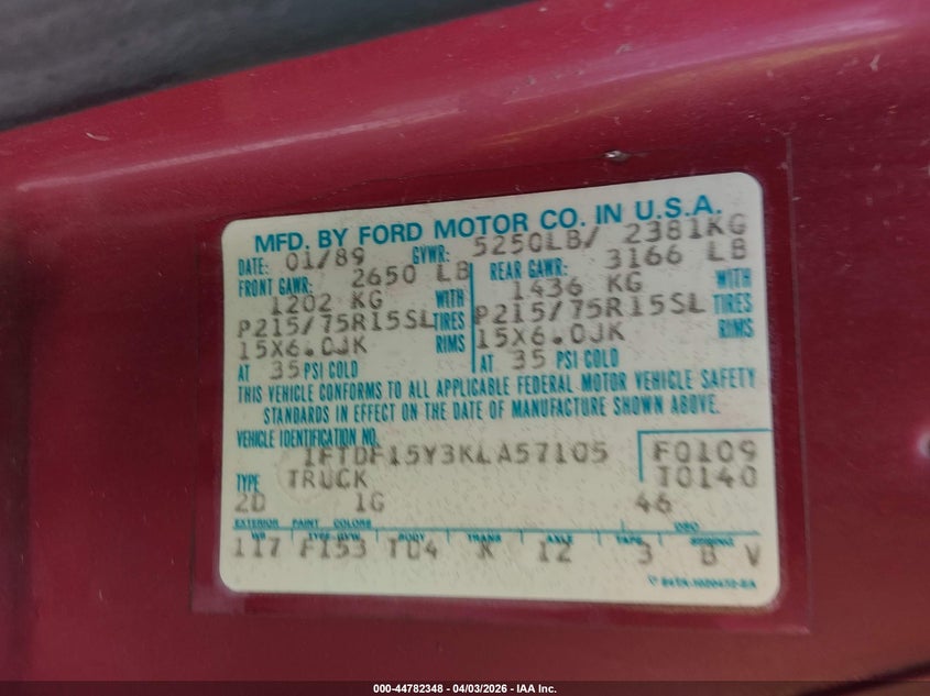 1989 Ford F150 VIN: 1FTDF15Y3KLA57105 Lot: 44782348