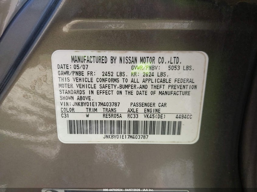 2007 Infiniti M45 Sport VIN: JNKBY01E17M403787 Lot: 44782524