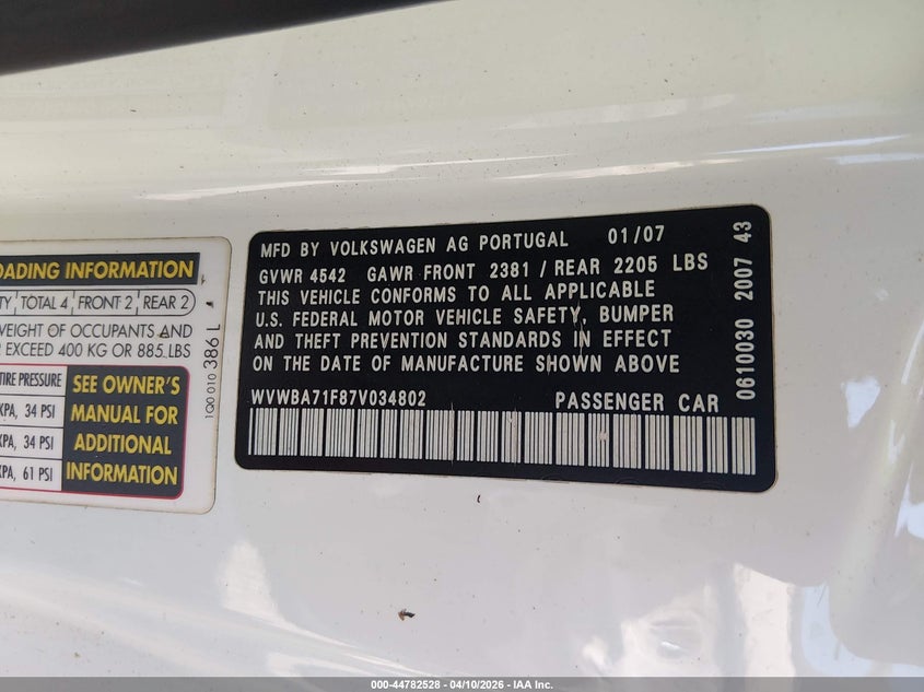2007 Volkswagen Eos 2.0T VIN: WVWBA71F87V034802 Lot: 44782528
