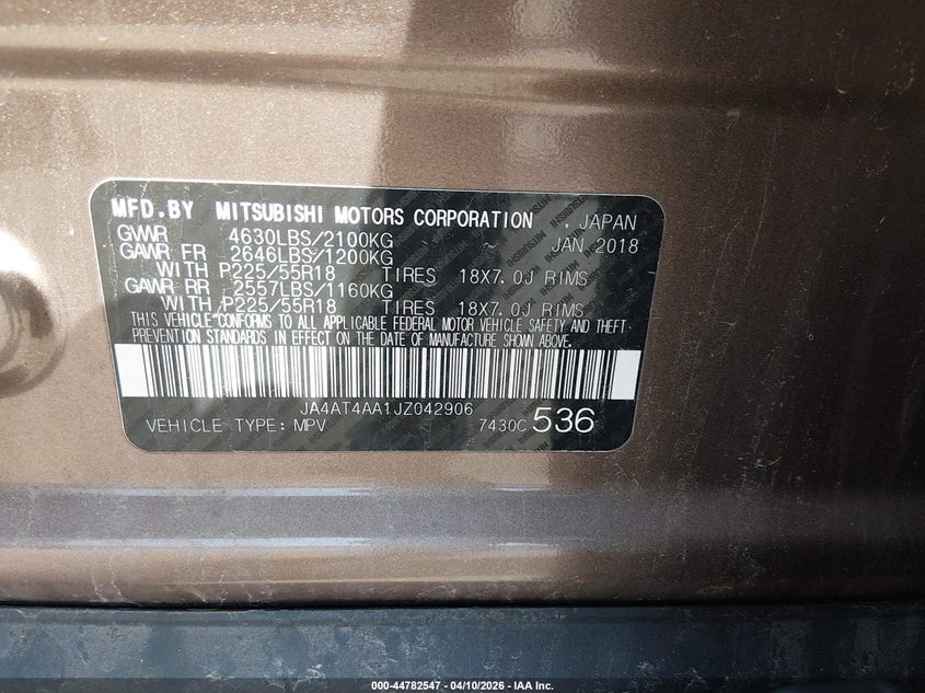 2018 Mitsubishi Eclipse Cross Le VIN: JA4AT4AA1JZ042906 Lot: 44782547