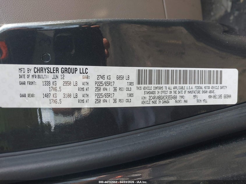 2012 Volkswagen Routan Se VIN: 2C4RVABG0CR355480 Lot: 44782553