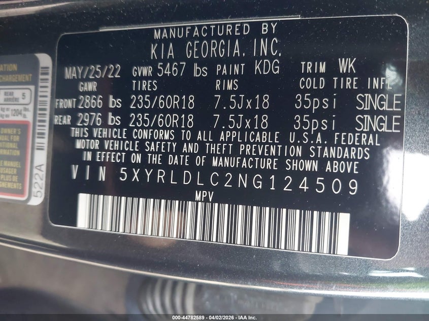 VIN 5XYRLDLC2NG124509 2022 KIA SORENTO X-LINE S