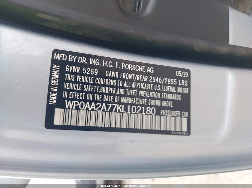 2019 Porsche Panamera 4 VIN: WP0AA2A77KL102180 Lot: 44782637