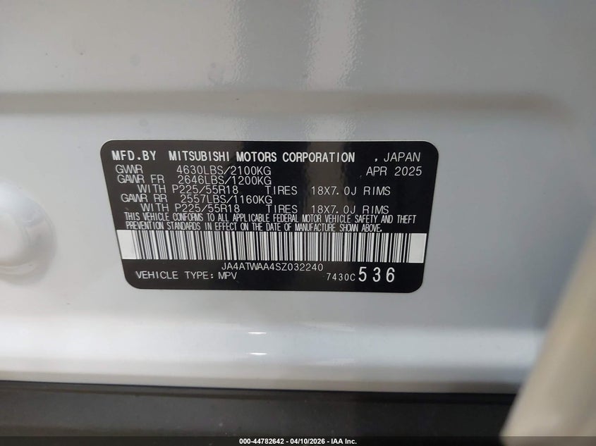 2025 Mitsubishi Eclipse Cross Black Edition S-Awc VIN: JA4ATWAA4SZ032240 Lot: 44782642