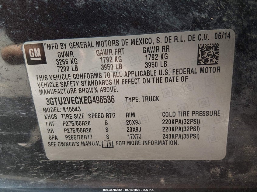 2014 Gmc SIERRA 5.3 1500 Slt black Lot 111044782661 Vin 3GTU2VECXEG496536