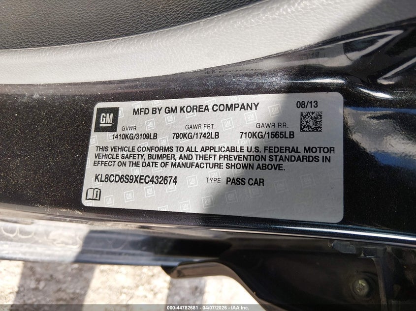 2014 Chevrolet Spark 1Lt Auto VIN: KL8CD6S9XEC432674 Lot: 44782681