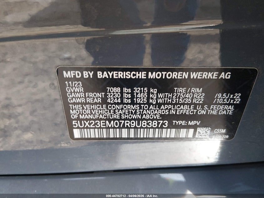 2024 BMW X7 xDrive40I VIN: 5UX23EM07R9U83873 Lot: 44782712