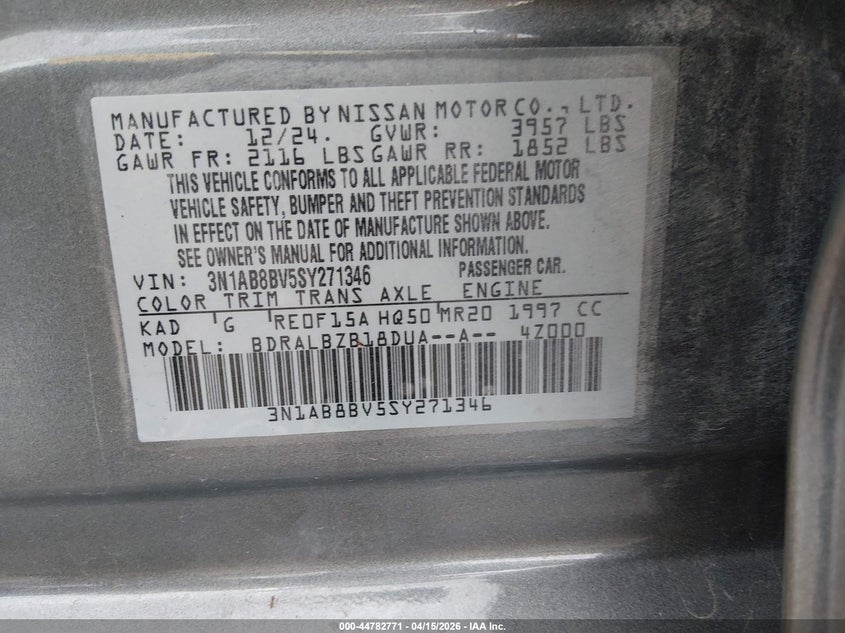 2025 Nissan Sentra S VIN: 3N1AB8BV5SY271346 Lot: 44782771
