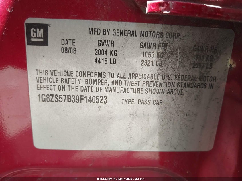 2009 Saturn Aura Xe VIN: 1G8ZS57B39F140523 Lot: 44782775