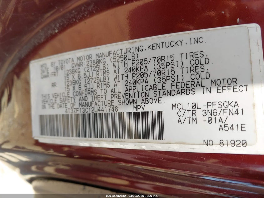 2002 Toyota Sienna Le VIN: 4T3ZF13C12U441748 Lot: 44782782