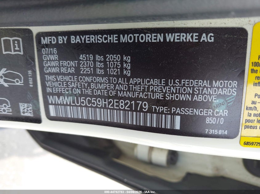 2017 Mini Clubman Cooper S VIN: WMWLU5C59H2E82179 Lot: 44782783