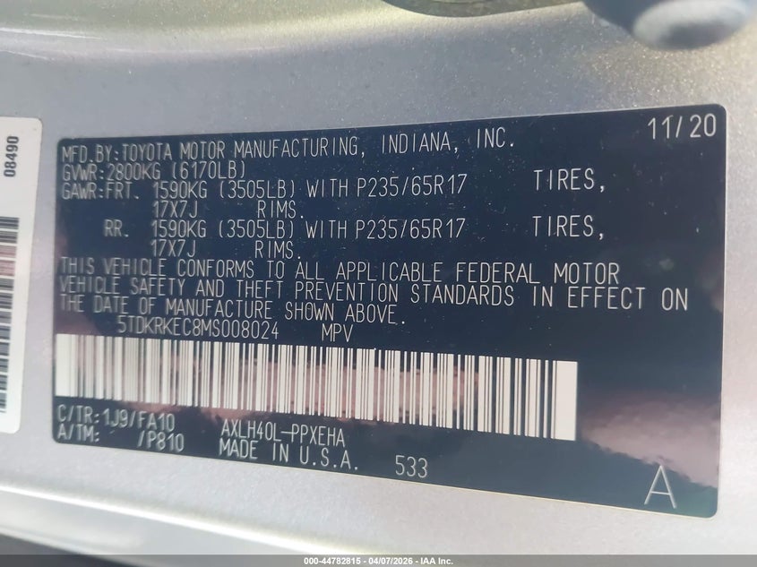 2021 Toyota Sienna Le VIN: 5TDKRKEC8MS008024 Lot: 44782815