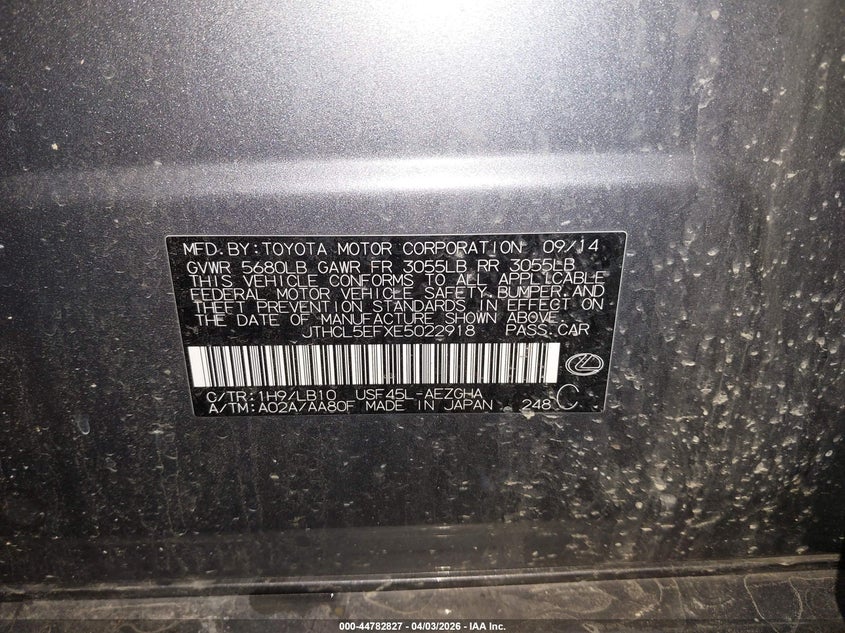 2014 Lexus Ls 460 VIN: JTHCL5EFXE5022918 Lot: 44782827