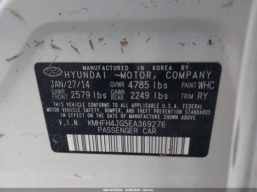 2014 Hyundai Azera Limited VIN: KMHFH4JG5EA369276 Lot: 44782844