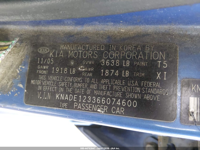 2006 Kia Rio Lx VIN: KNADE123366074600 Lot: 44782847