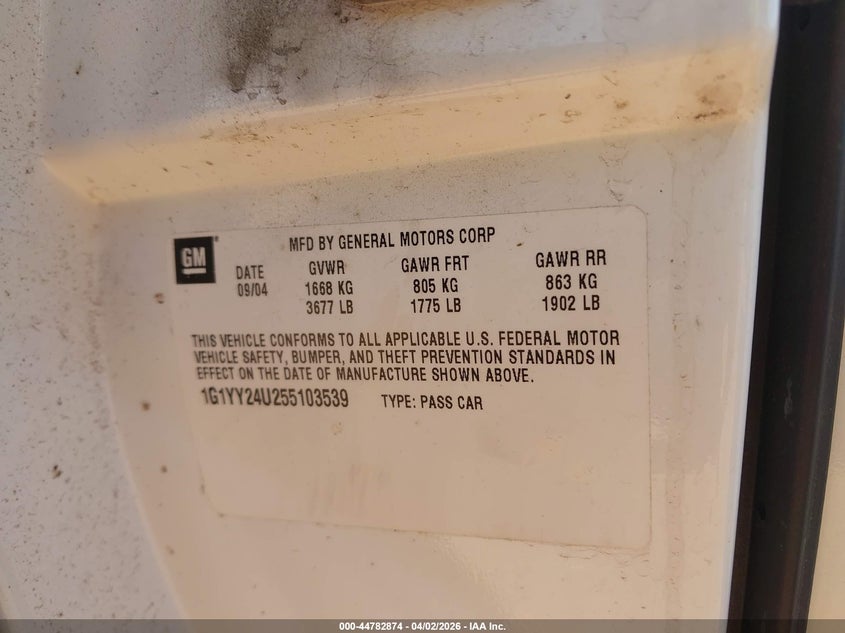 2005 Chevrolet Corvette VIN: 1G1YY24U255103539 Lot: 44782874