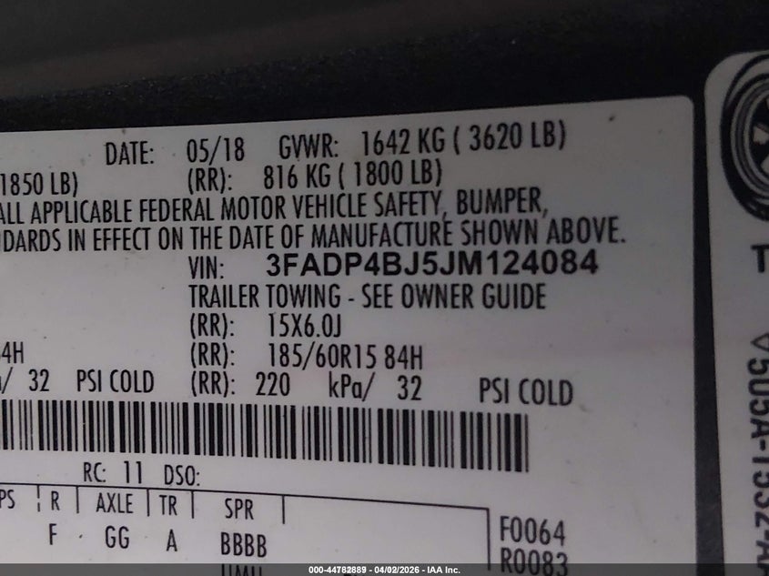 FORD FIESTA 2018 VIN 3FADP4BJ5JM124084