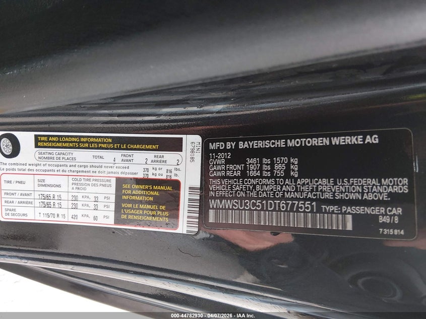 2013 Mini Hardtop Cooper VIN: WMWSU3C51DT677551 Lot: 44782930