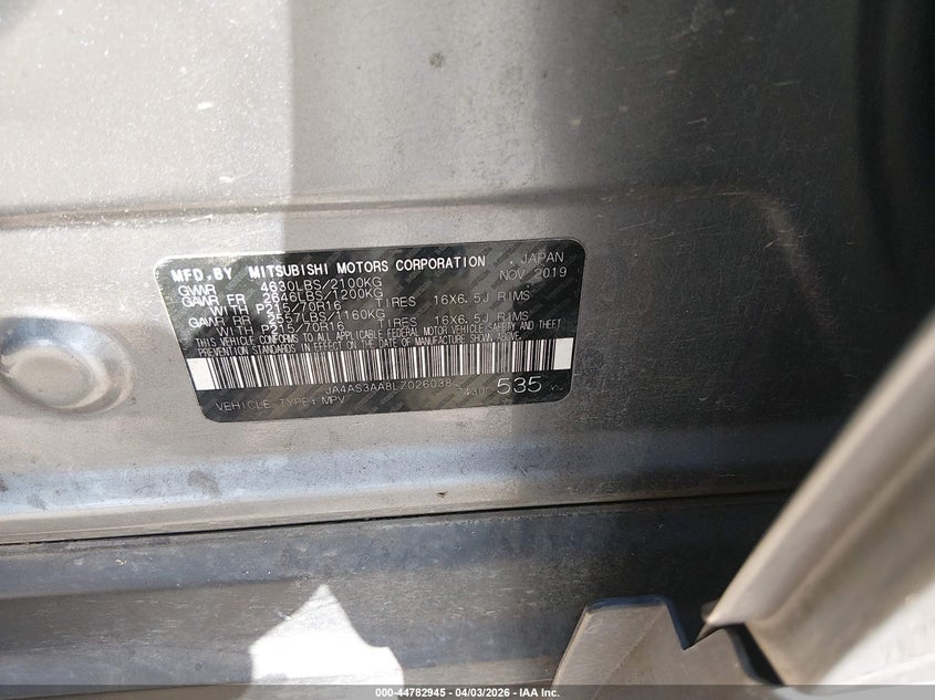 2020 Mitsubishi Eclipse Cross Es 1.5T VIN: JA4AS3AA8LZ026038 Lot: 44782945