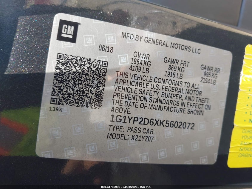 2019 Chevrolet Corvette Z06 VIN: 1G1YP2D6XK5602072 Lot: 44782996