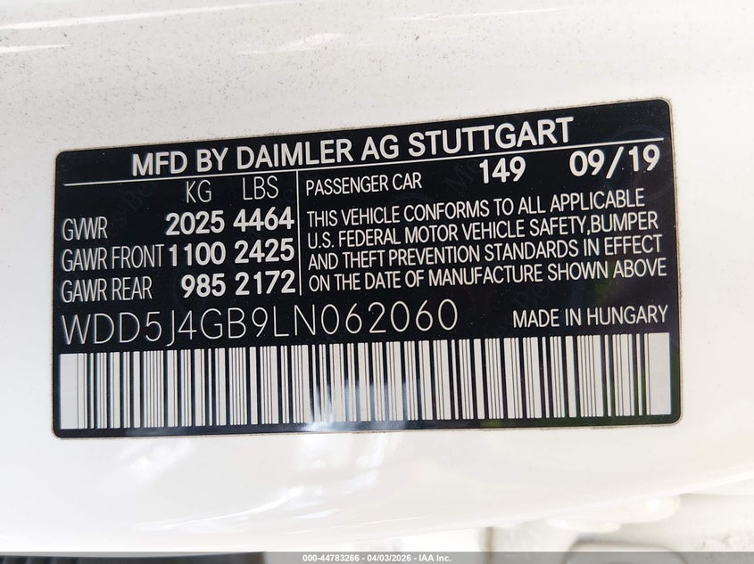 2020 Mercedes-Benz Cla 250 VIN: WDD5J4GB9LN062060 Lot: 44783266