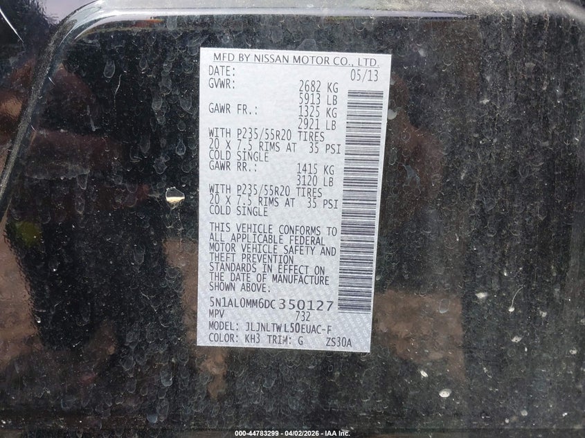 2013 Infiniti Jx35 VIN: 5N1AL0MM6DC350127 Lot: 44783299